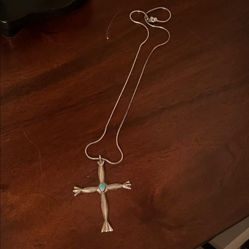 Navajo silver Cross Pendant Necklace with Turquoise Accent